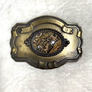 Vintage Belt Buckle Stone Inlay Bronze Antiqued Boho Artsy Western Classic